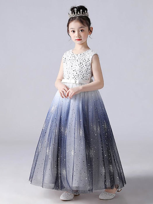 Flower Girl Dresses Blue Jewel Neck Sleeveless Polyester Tulle Lace Polyester Cotton Embroidered Kids Party Dresses