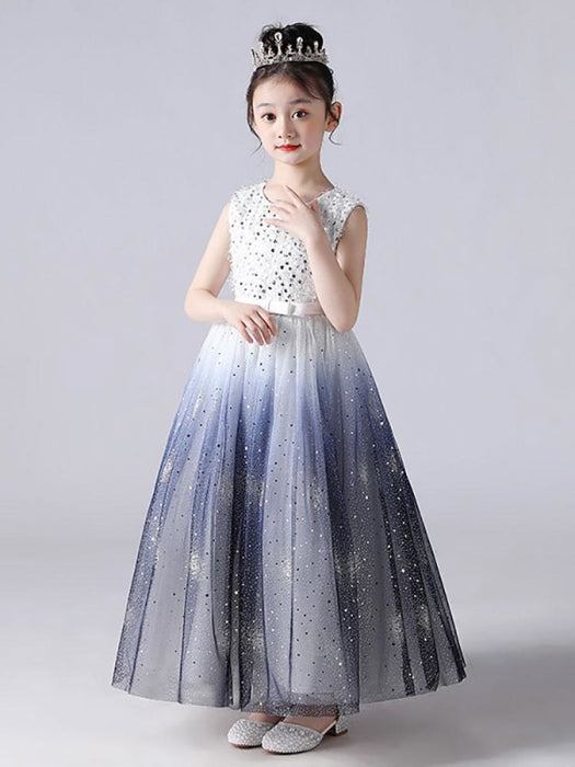 Flower Girl Dresses Blue Jewel Neck Sleeveless Polyester Tulle Lace Polyester Cotton Embroidered Kids Party Dresses