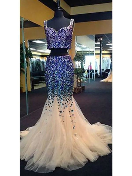 Sleeveless Tulle With Beading Sweep/Brush Train Two Piece Dresses - Prom Dresses