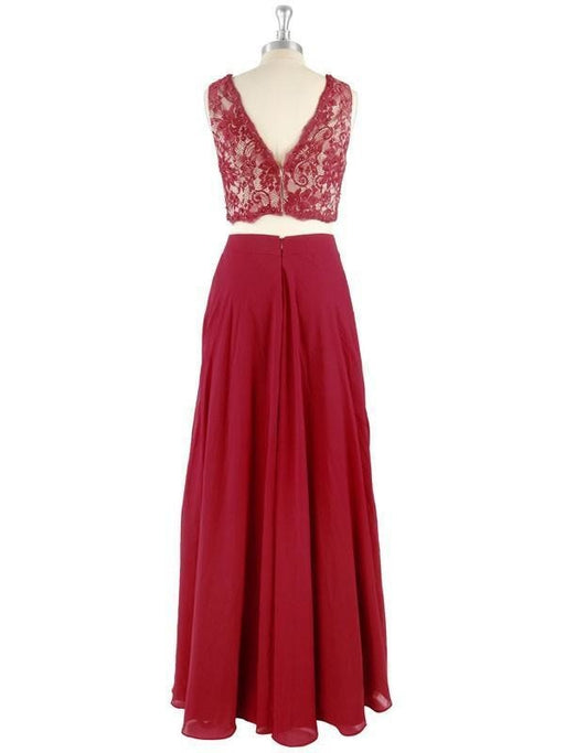 Sleeveless V-Neck Chiffon With Lace Floor-Length Two Piece Dresses - Prom Dresses