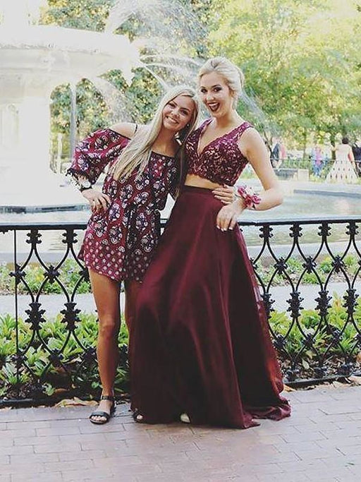 Sleeveless V-Neck Chiffon With Lace Floor-Length Two Piece Dresses - Prom Dresses