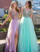 Sleeveless V-Neck Floor-Length A-line With Beading Tulle Dresses - Prom Dresses