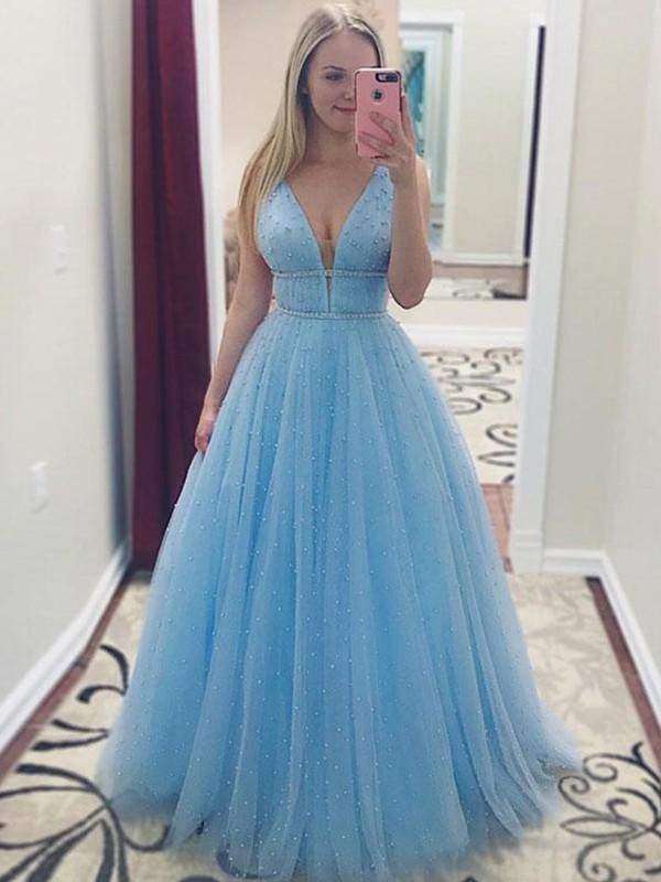 Sleeveless V-Neck Floor-Length A-line With Pearls Tulle Dresses - Prom Dresses