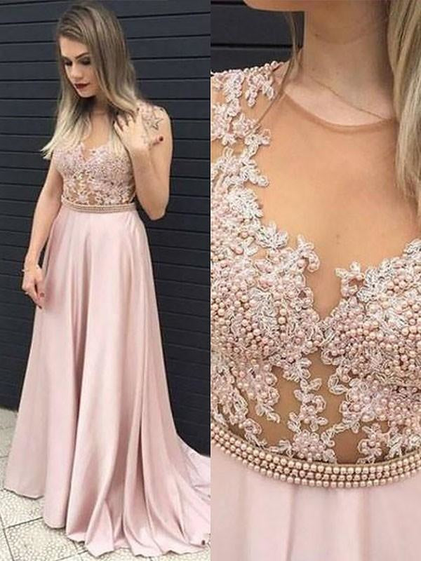 Sleeveless V-Neck Satin A-line With Lace Floor-Length Dresses - Prom Dresses