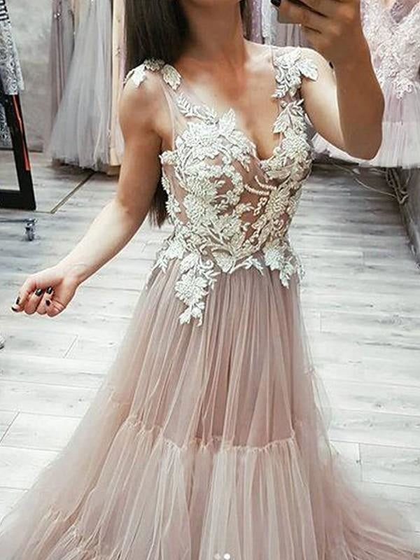 Sleeveless V-Neck Sweep/Brush A-line Train With Applique Tulle Dresses - Prom Dresses