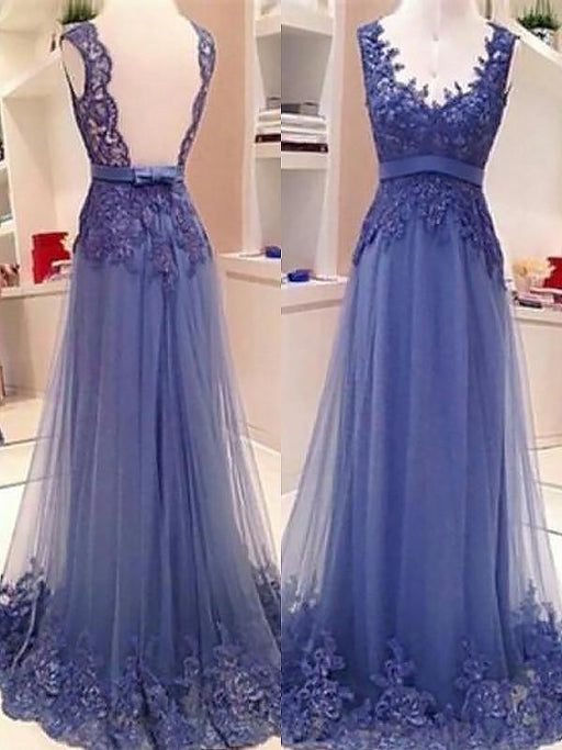 Sleeveless V-Neck Tulle A-line With Applique Floor-Length Dresses - Prom Dresses
