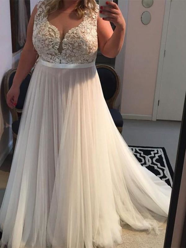 Sleeveless With Applique Sweep/Brush Train Tulle Plus Size Dresses - Prom Dresses