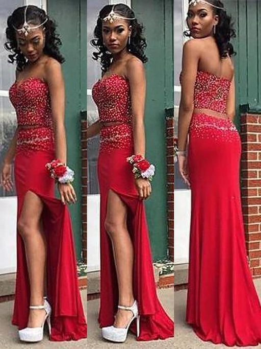 Sleeveless With Beading Floor-Length Satin Two Piece Dresses - Prom Dresses