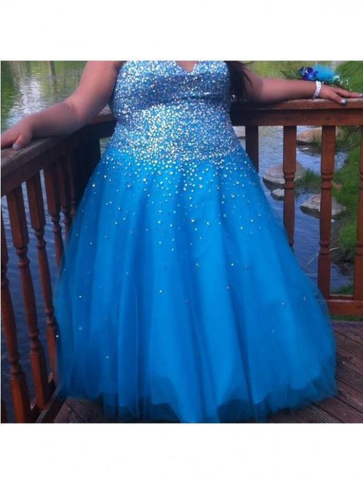 Sleeveless With Beading Floor-Length Tulle Plus Size Dresses - Prom Dresses