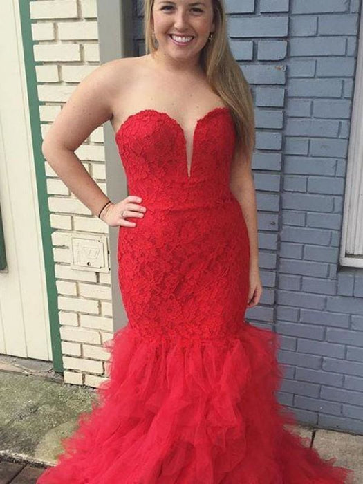 Sleeveless With Lace Sweep/Brush Train Tulle Plus Size Dresses - Prom Dresses