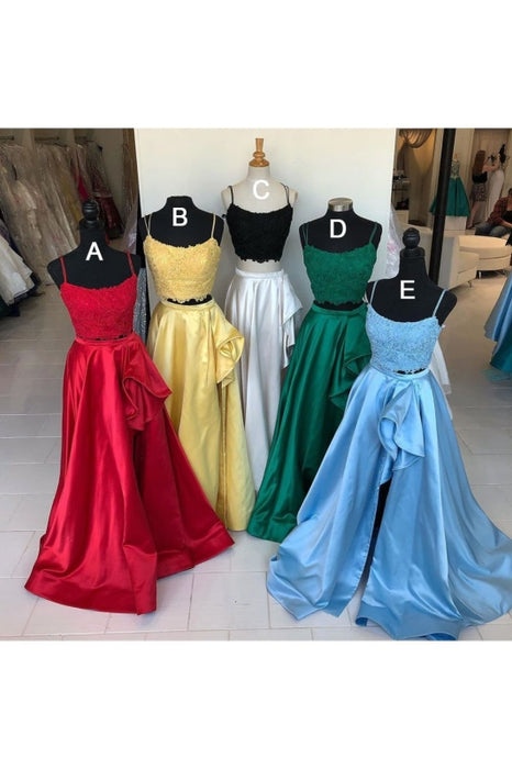 Sleeveless Yellow Prom Two Piece Long Formal Dresses - Red - Prom Dresses