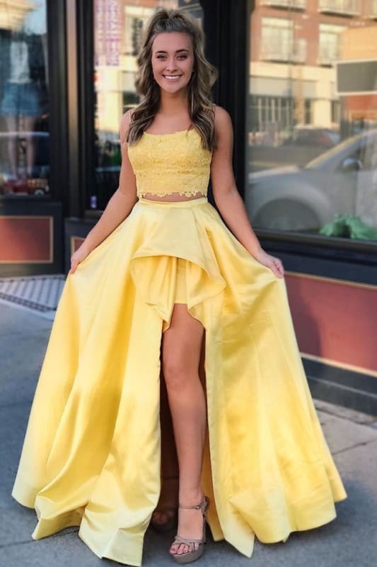Sleeveless Yellow Prom Two Piece Long Formal Dresses