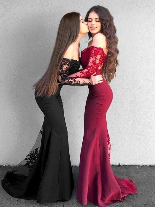 Sleeves Off-The-Shoulder Sweep/Brush Train With Applique Satin Dresses - Prom Dresses