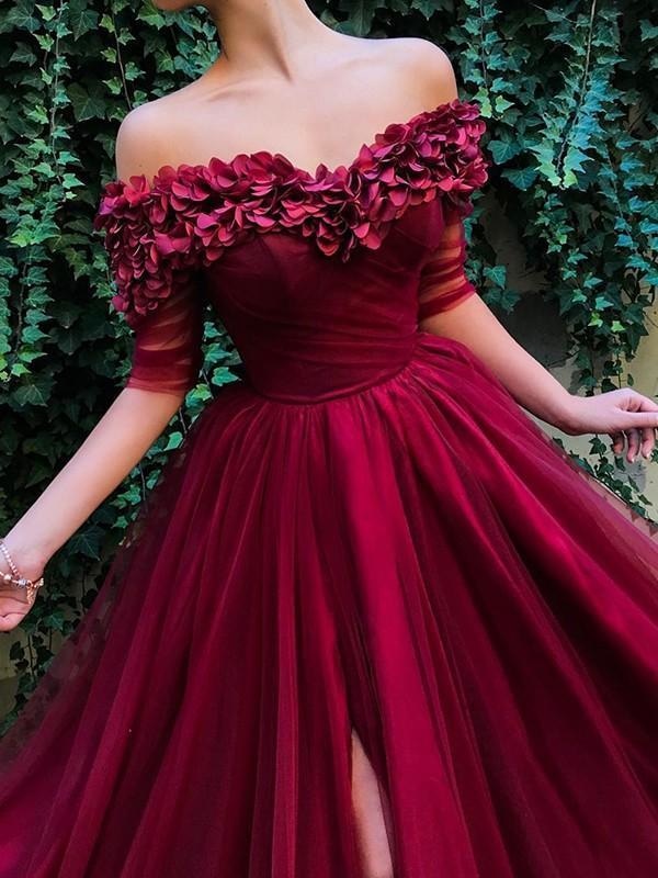 Sleeves Off-The-Shoulder Sweep/Brush Train With Ruffles Tulle Dresses - Prom Dresses