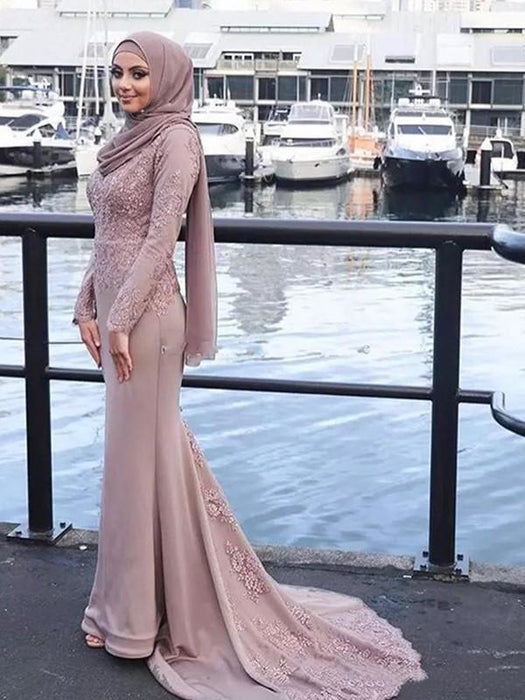 Sleeves Scoop Sweep/Brush Train With Applique Satin Muslim Dresses - Prom Dresses