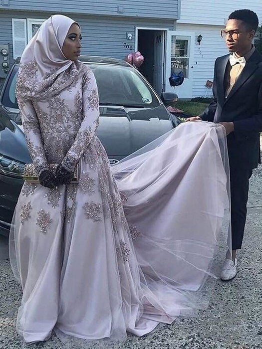 Sleeves Scoop Sweep/Brush Train With Applique Tulle Muslim Dresses - Prom Dresses