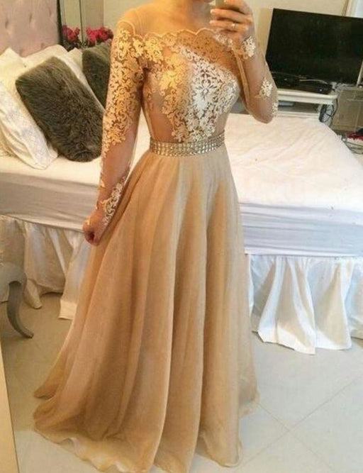 Sleeves Sheer Prom Dresses A-line Crystals Sexy Formal Evening Gowns - Prom Dresses