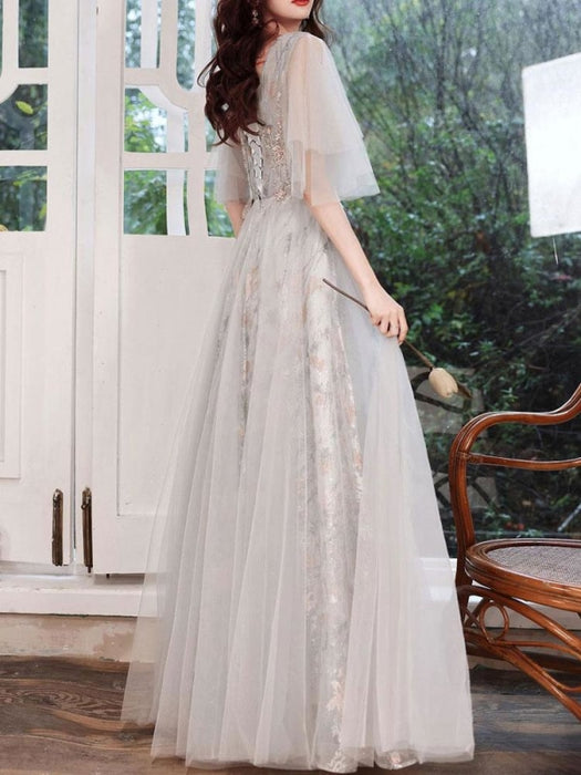 Sliver Evening Dress A-Line V-Neck Lace Beaded Social Floor-Length Pageant Dresses Evening Dress