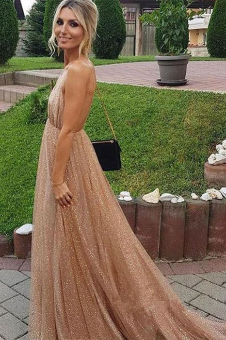Spaghetti Strap Backless Sequins Prom Dress Sexy Sparkly V Neck Party Dresses - Prom Dresses
