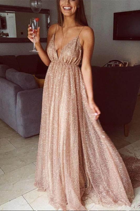 sparkly dress party Sparkly Sequin Backless Prom Dress Spaghetti Strap V Neck-Bridelily