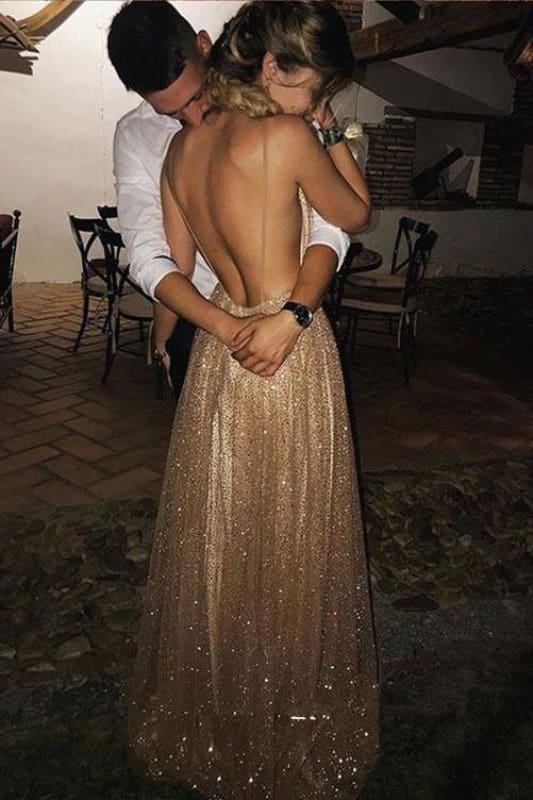 open lace back dress Sparkly Sequin Backless Prom Dress Spaghetti Strap V Neck-Bridelily