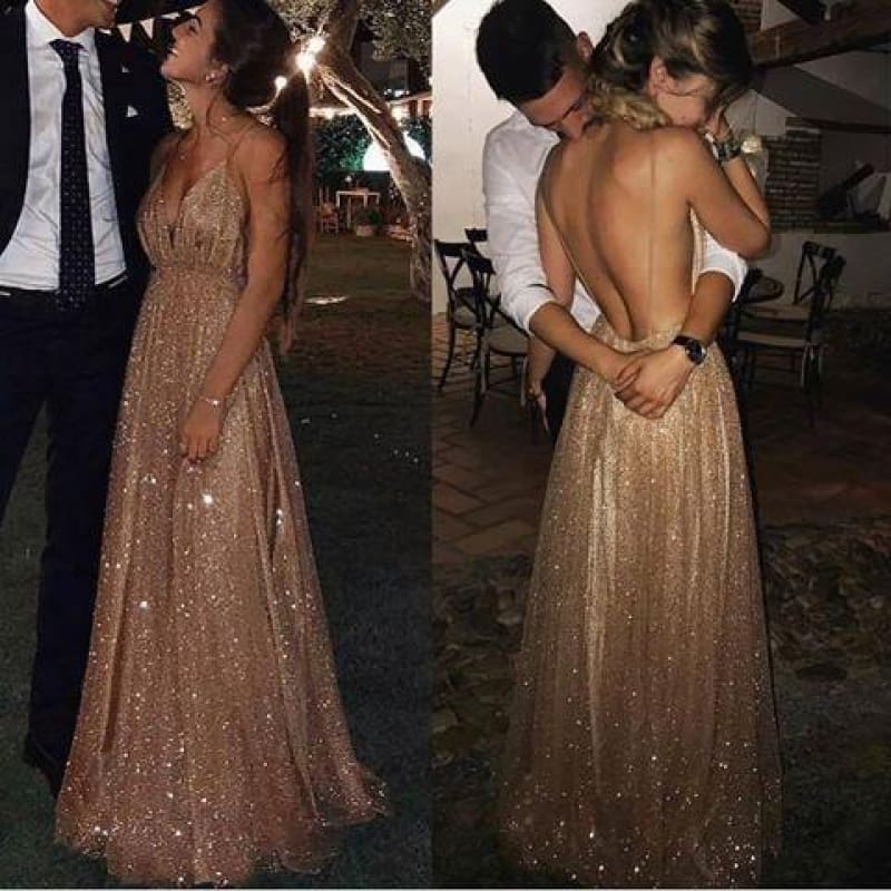 Sparkly Sequin Backless Prom Dress Spaghetti Strap V Neck-Bridelily