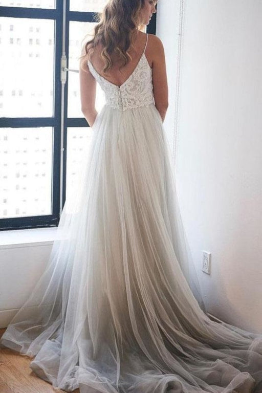 Spaghetti Strap Beach V Neck Tulle Long Wedding Dress - Wedding Dresses