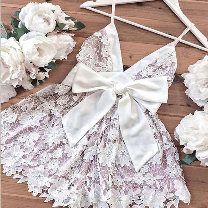 Spaghetti Strap Deep V Neck Short Homecoming Mini Lace Prom Dress with Bow - Prom Dresses