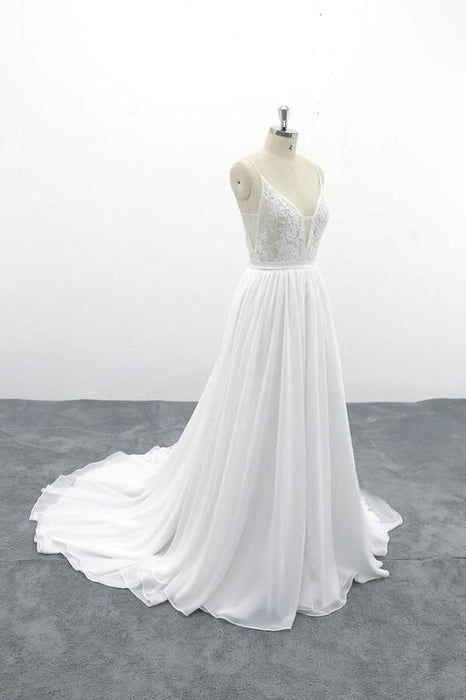 Spaghetti Strap Lace Chiffon A-line Wedding Dress - Wedding Dresses