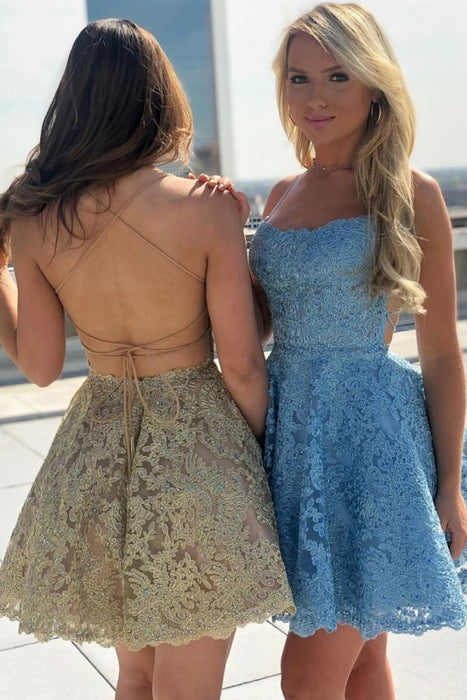 Spaghetti Strap Lace Short Homecoming with Rhinestone Backless Mini Prom Dress - Prom Dresses