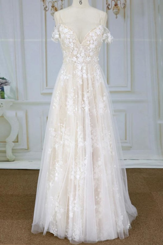 Spaghetti Strap Lace Tulle A-line Wedding Dress - Wedding Dresses