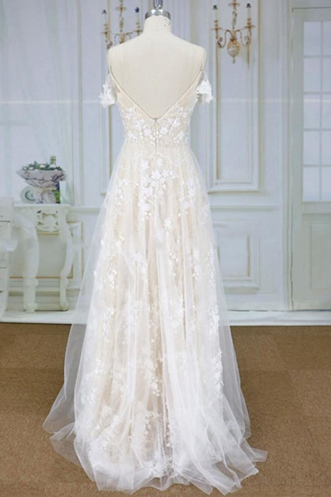 Spaghetti Strap Lace Tulle A-line Wedding Dress - Wedding Dresses