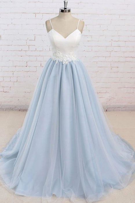 Spaghetti Strap Light Blue Dress with Appliques Floor Length Tulle Prom Gown - Prom Dresses