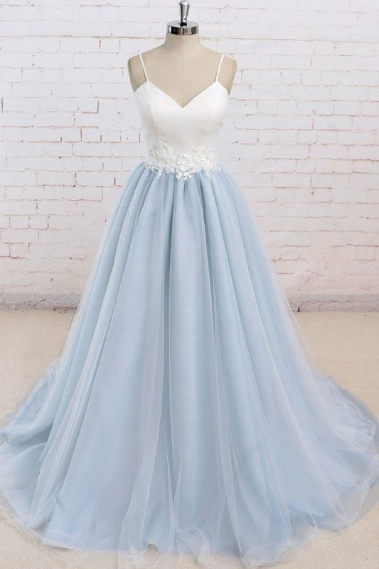 Spaghetti Strap Light Blue Dress with Appliques Floor Length Tulle Prom Gown - Prom Dresses