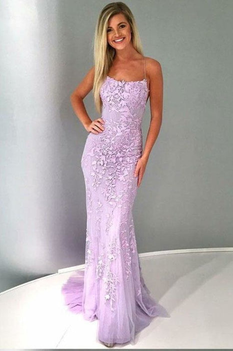Spaghetti Strap Mermaid Dress Appliques Tulle Senior Prom Dresses - Prom Dresses