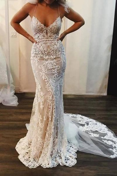 Spaghetti Strap Mermaid Lace Applique Long Train Wedding Dress - Wedding Dresses