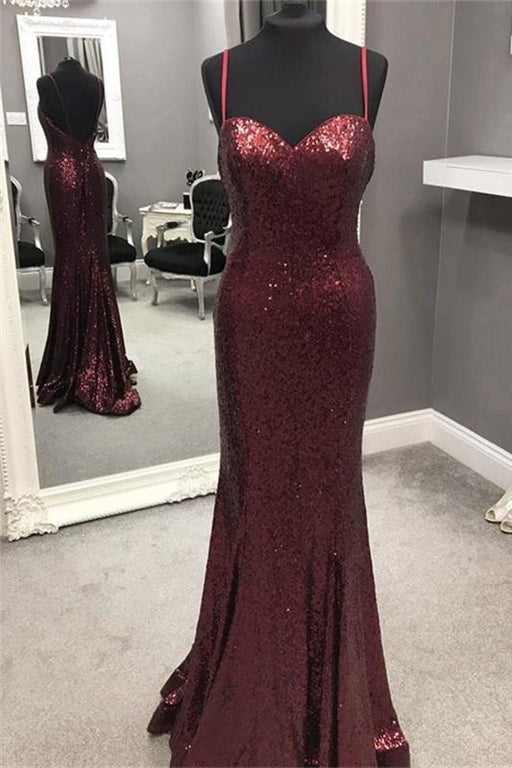 Spaghetti Strap Mermaid Sequined Prom Sparkly Floor Length Backless Evening Dress - Prom Dresses