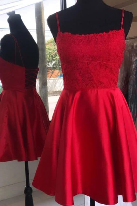Red Spaghetti Strap Satin Long Dress main image 1