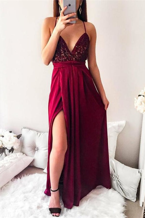 Spaghetti Strap Sequin Top Side Slit Floor Length Sparkly Prom Dresses - Prom Dresses
