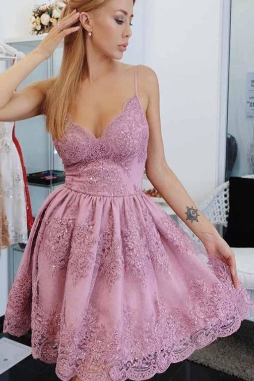 Spaghetti Strap Short Homecoming Dresses with Lace Appliqes Cute Graduation Dress - Prom Dresses