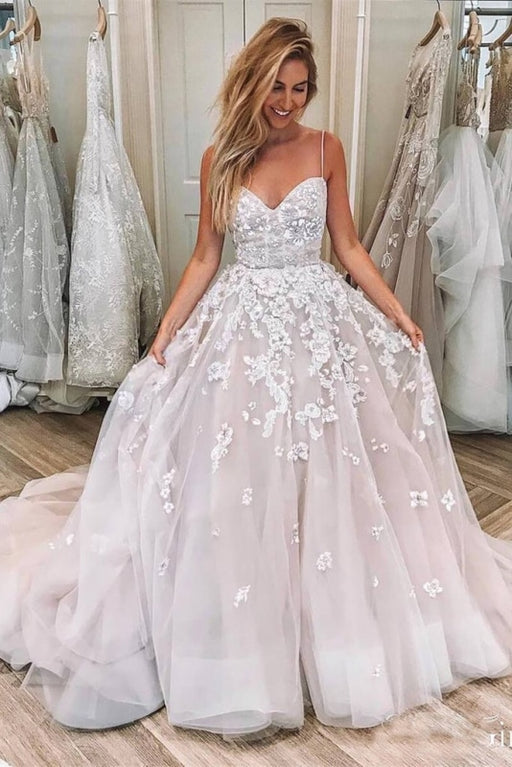 Spaghetti Strap Sleeveless Lace Applique Puffy Long Wedding Dress - Wedding Dresses
