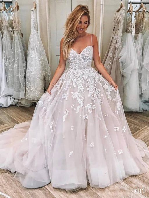 Spaghetti Strap Sleeveless Lace Applique Puffy Long Wedding Dress - Wedding Dresses