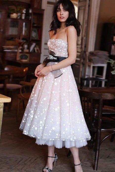 Spaghetti Strap Tea Length Starry Tulle Homecoming with Belt Party Dress - Prom Dresses