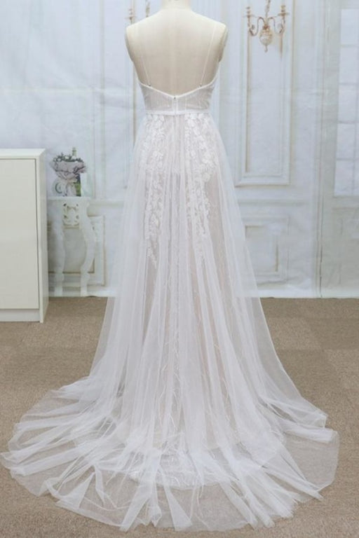 Spaghetti Strap V-neck Lace Tulle Wedding Dress - Wedding Dresses