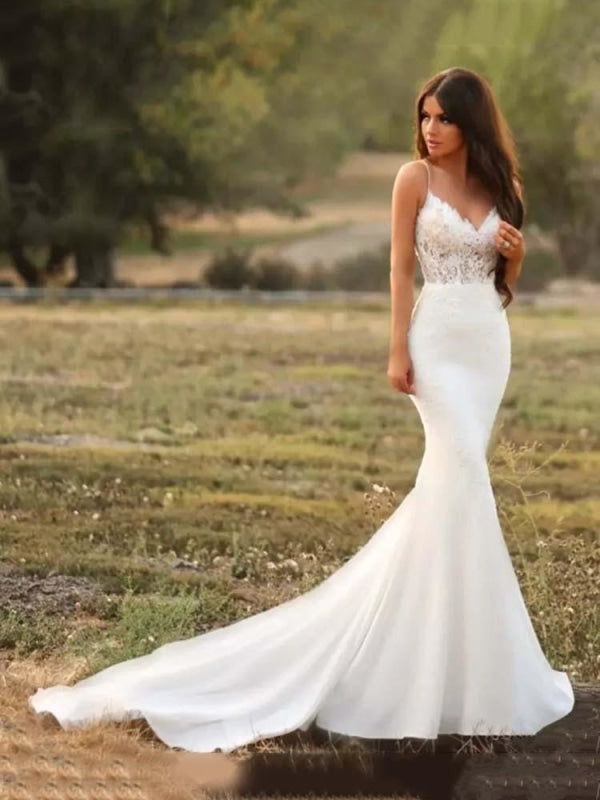 Spaghetti-Strap Lace Mermaid Style Wedding Dress Plus Size - Bridelily