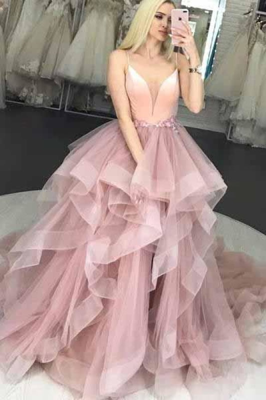 Spaghetti Strap V Neck Puffy Prom Dresses Unique Long Party Dress with Ruffles - Prom Dresses