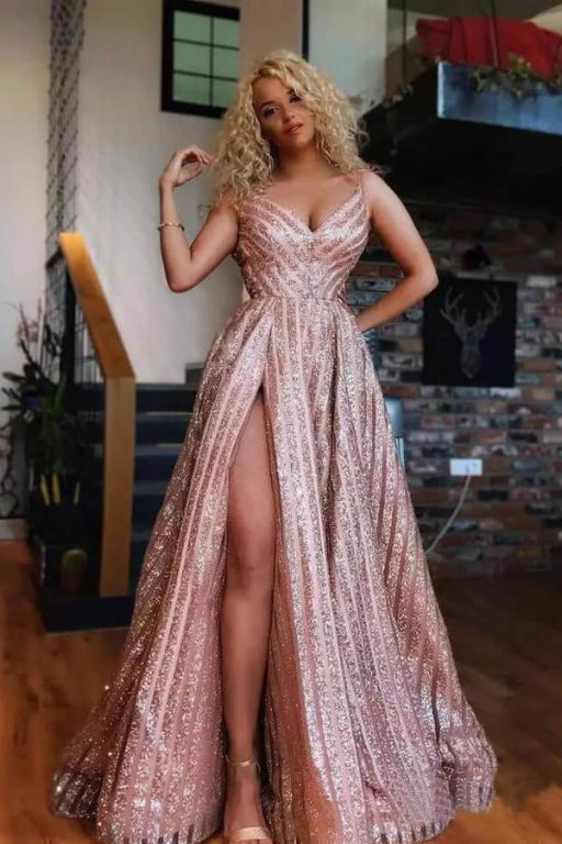 Spaghetti Strap V Neck Rose Gold Sequins Sexy Side Slit Prom Dresses - Prom Dresses