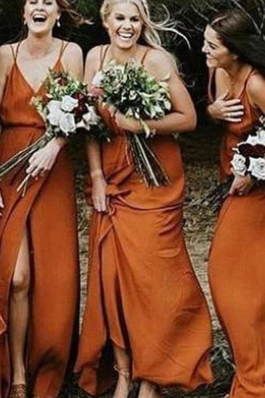Spaghetti Strap V Neck Split Long Bridesmaid Dress - Bridesmaid Dresses
