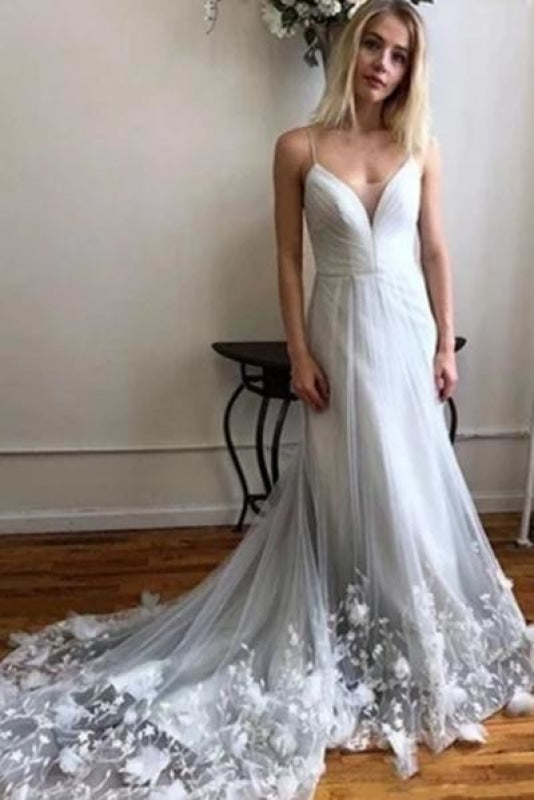 Spaghetti Strap V Neck Tulle Lace Appliques Long Wedding Dress - Wedding Dresses