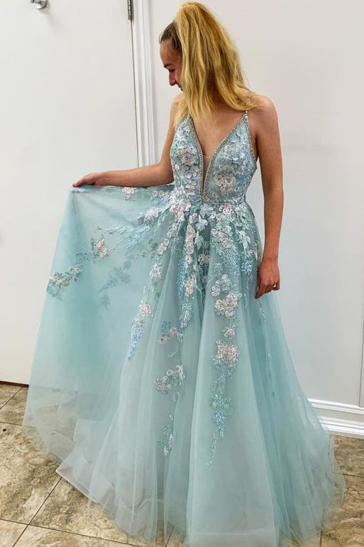 Spaghetti Straps Appliques Prom With Beading Long Formal Dress with Flower - Prom Dresses